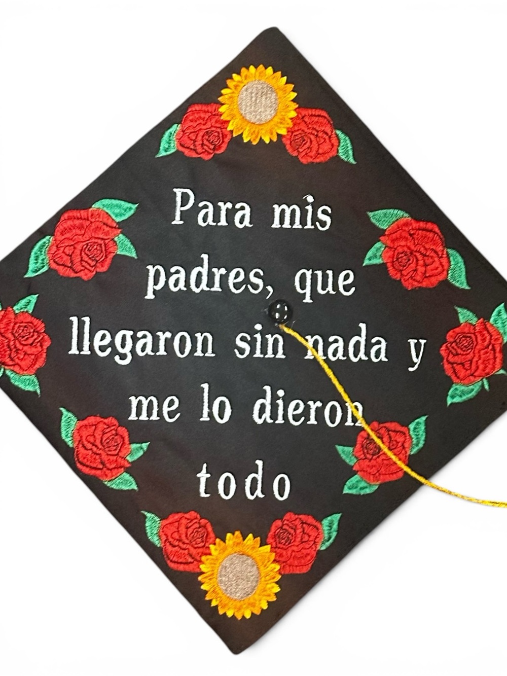 Embroidered Black Graduation Cap with Red Roses & Sunflowers - Picture 2 of 5